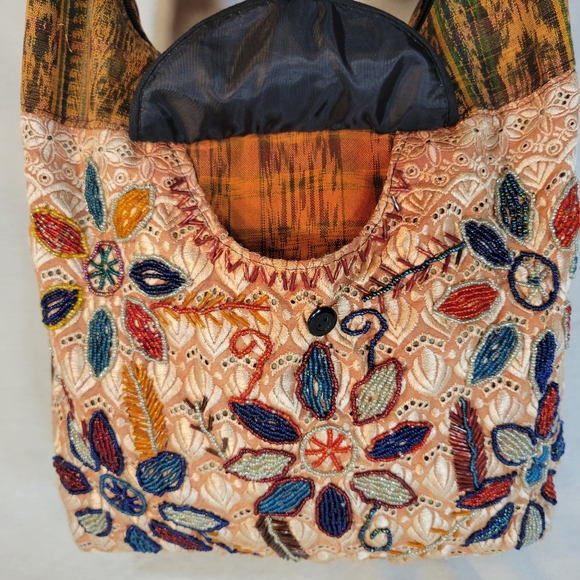 Vintage Boho Patchwork Beaded Slouch Bag Hobo Purse India Batik Pattern 16 x 12 - Picture 4 of 8